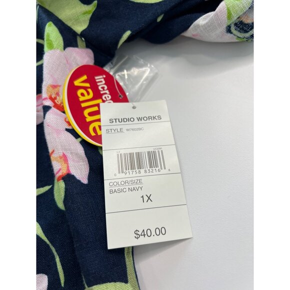 Studio Works Size 1X Basic Navy Floral Shirt Linen Button-Up Roll-Tab Sleeves - Picture 6 of 7